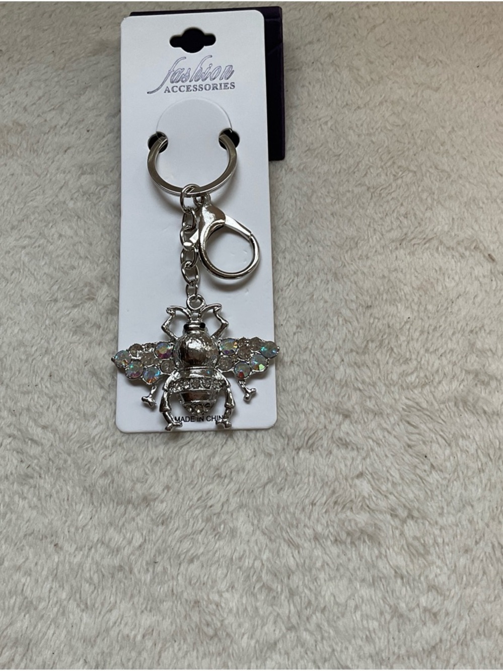 Silver Bee Keychain with Iridescent Crystal Wings